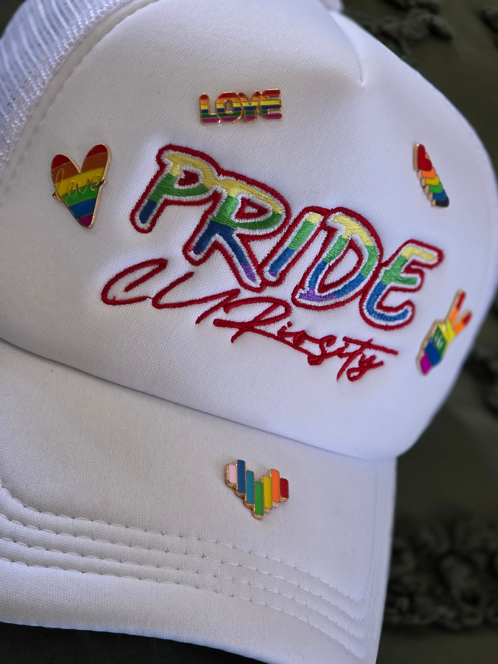Pride Curiosity Trucker Hat - White w/Pride Pins