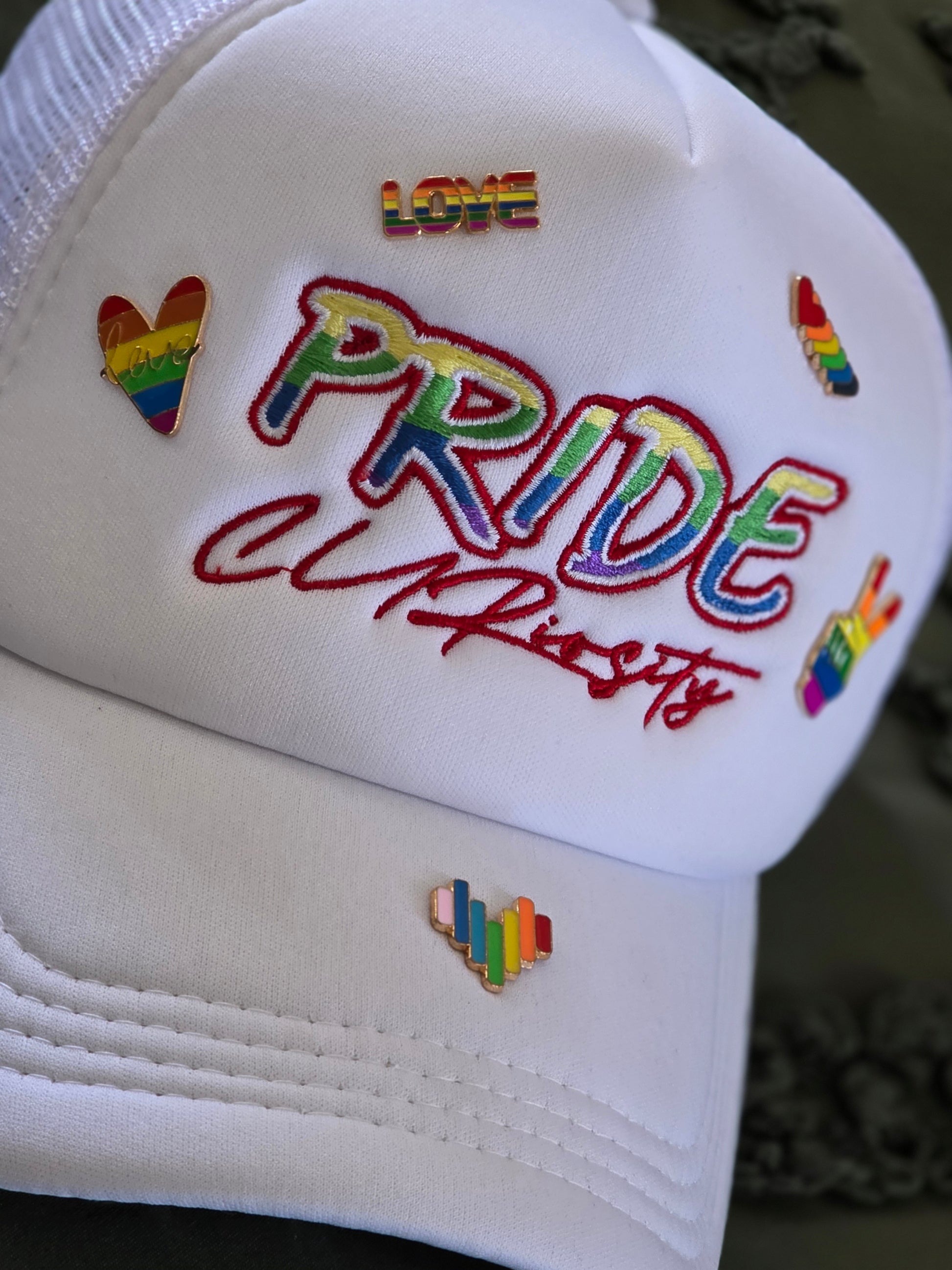 Pride Curiosity Trucker Hat - White w/Pride Pins