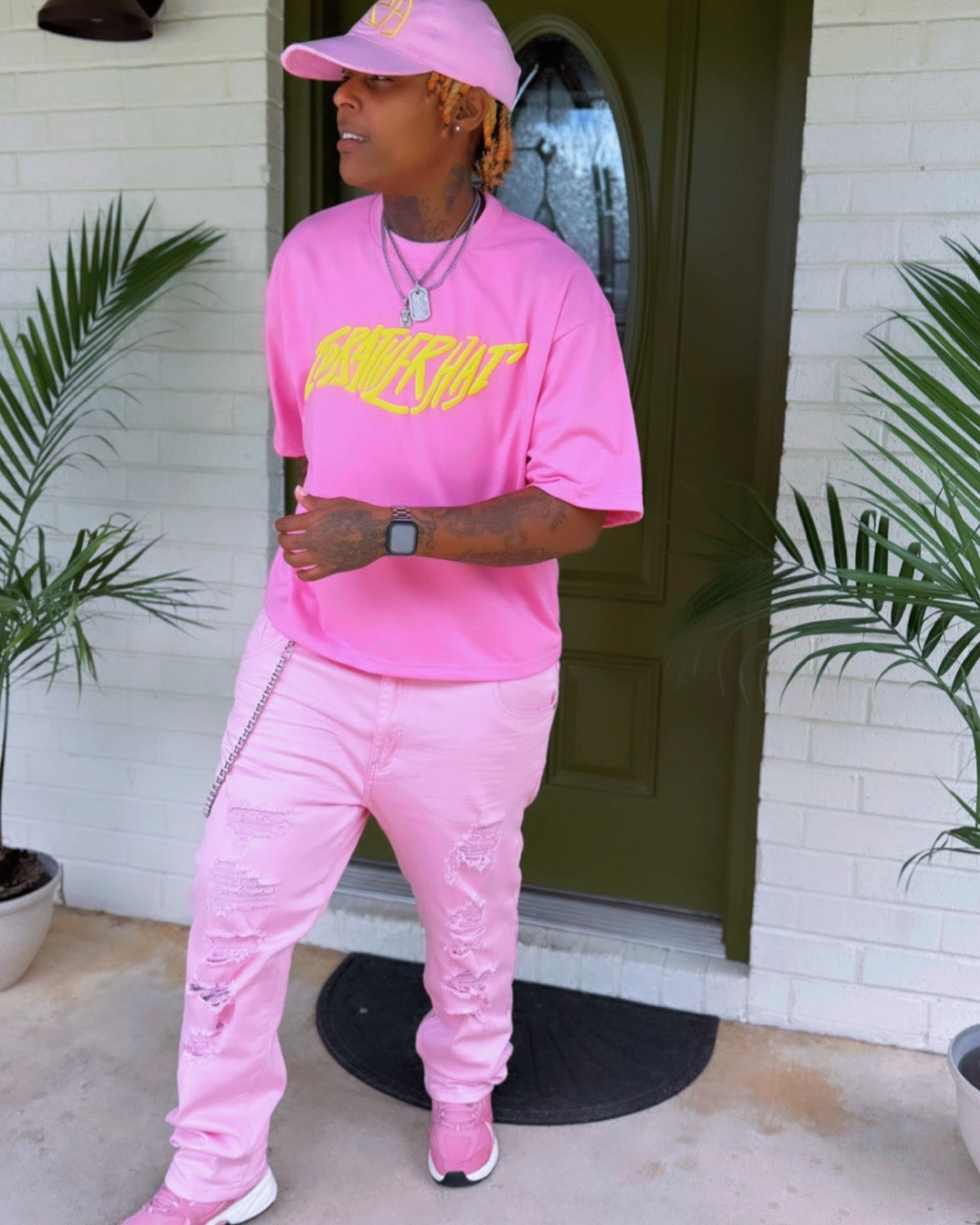 I'D Rather Hat - Pink Short Sleeve Tee with Yellow Logo