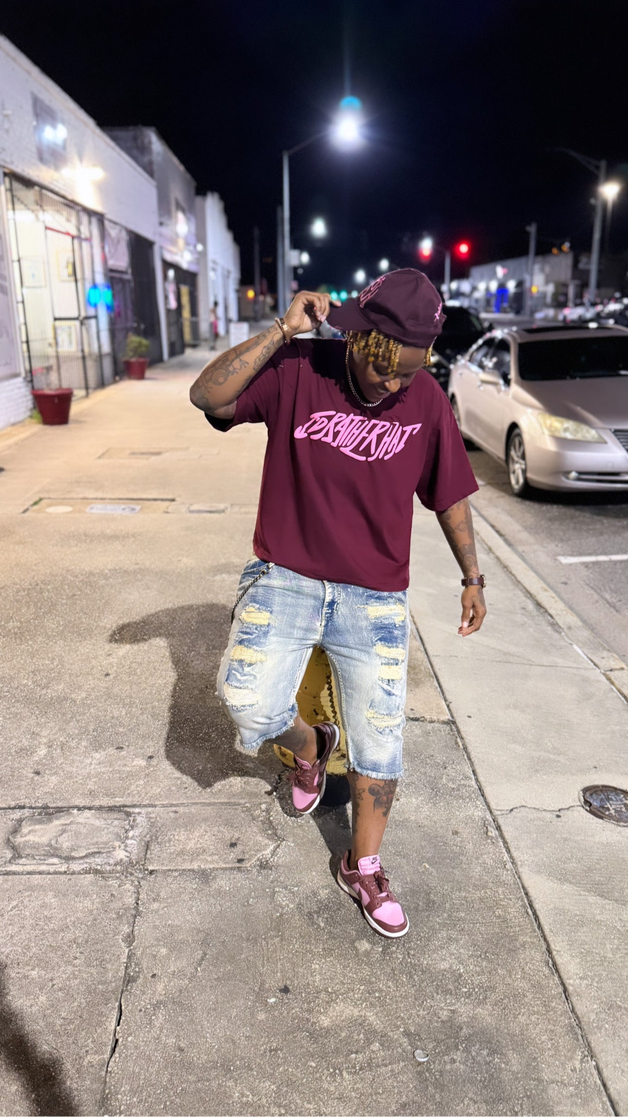 I'D RatherHat - Burgundy Short Sleeve Tee with Pink Logo