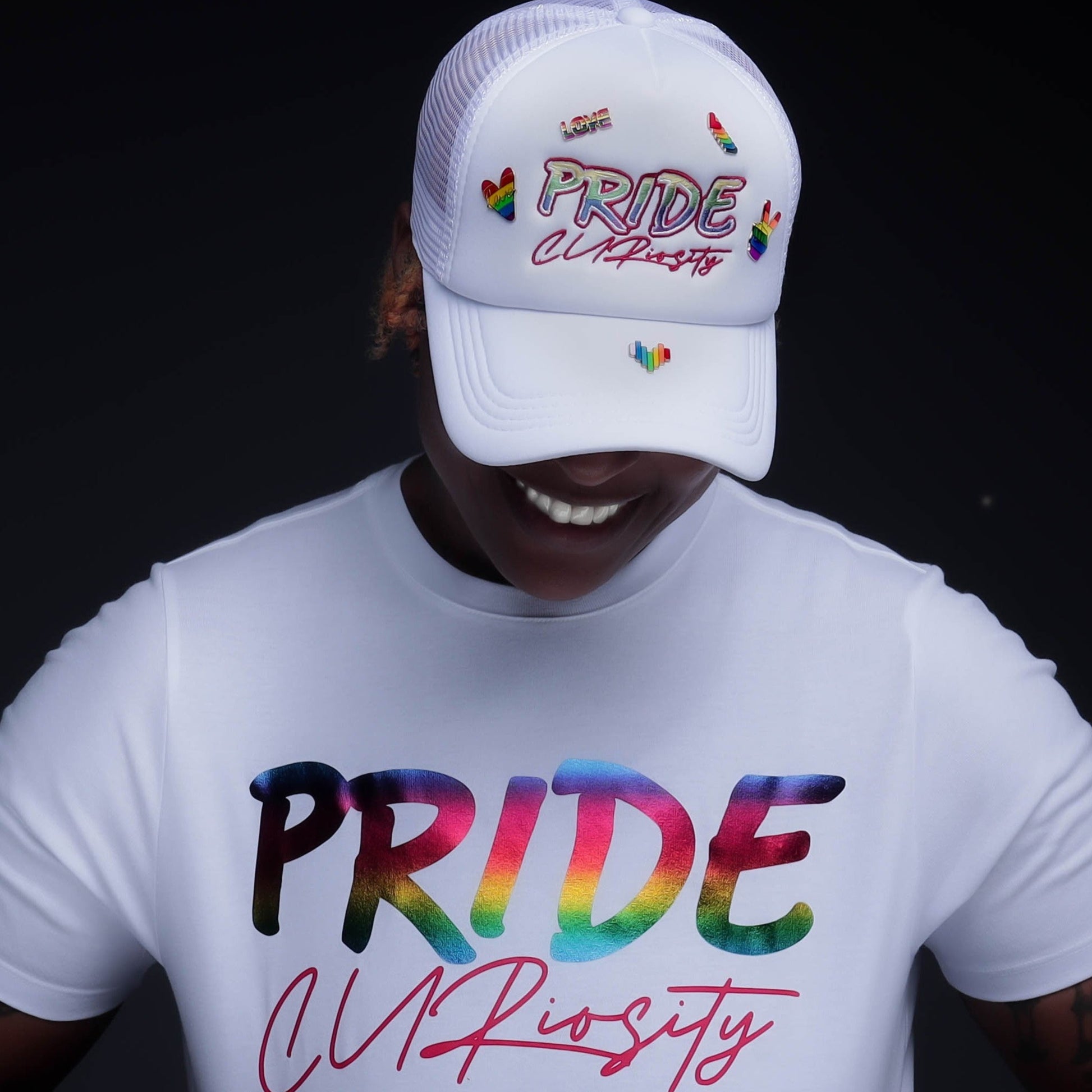 Pride Curiosity Trucker Hat - White w/Pride Pins