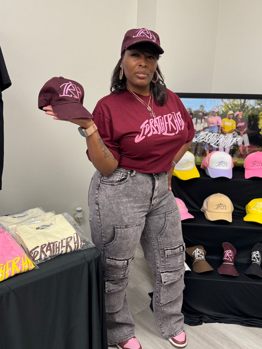 I'D RatherHat - Burgundy Short Sleeve Tee with Pink Logo