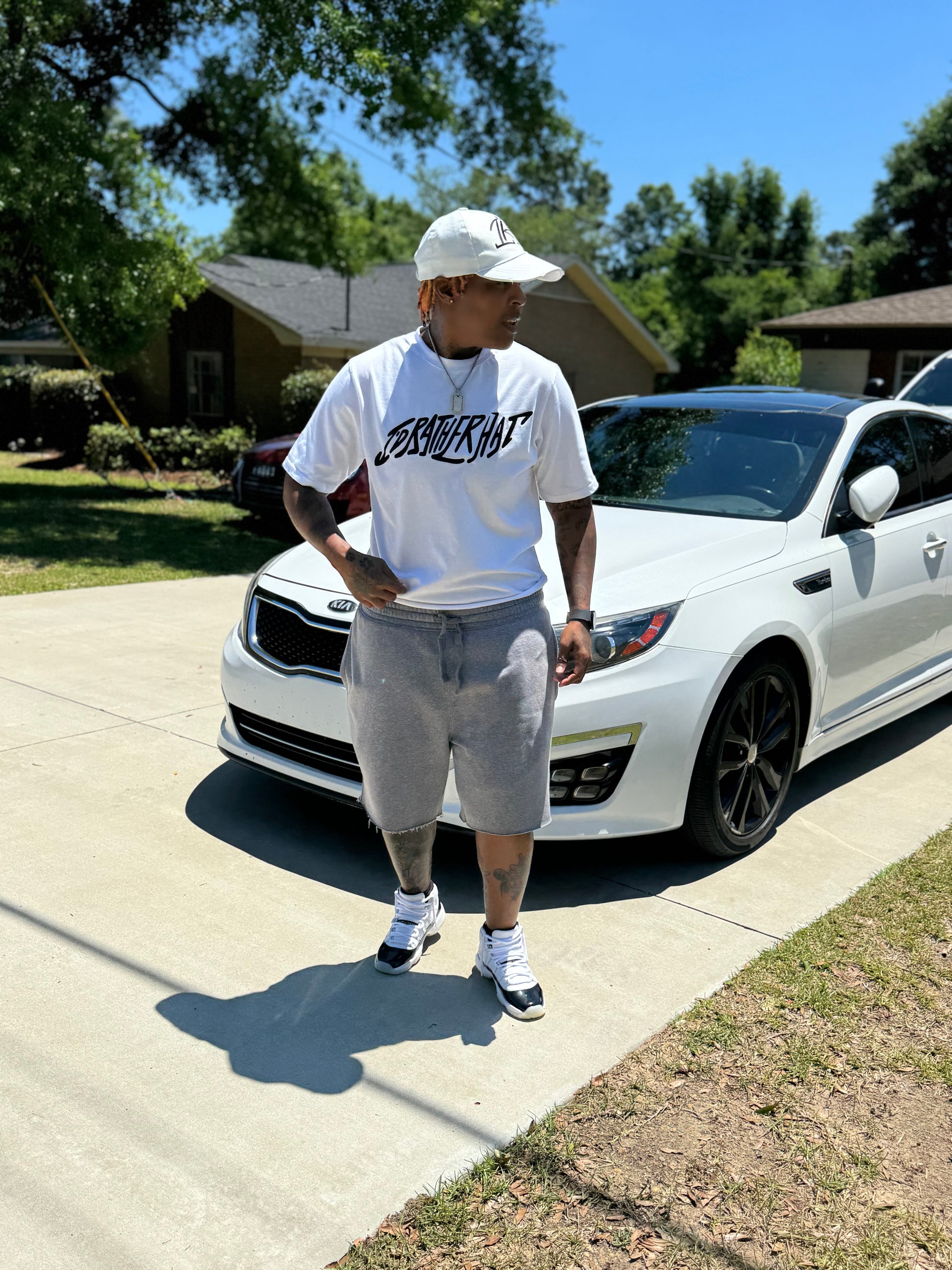I'D Rather Hat - White Short Sleeve Tee with Black Logo