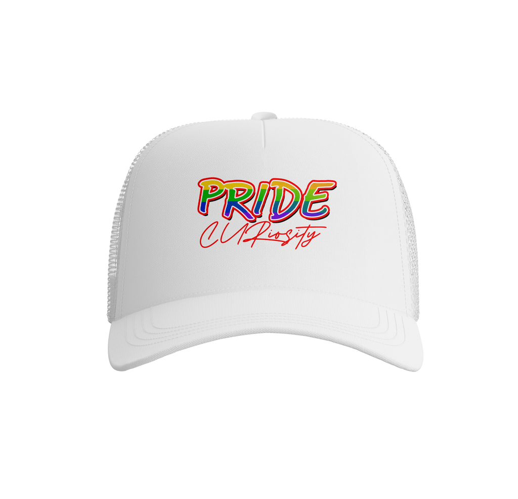 Pride Curiosity Trucker Hat - White w/Pride Pins
